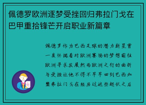 佩德罗欧洲逐梦受挫回归弗拉门戈在巴甲重拾锋芒开启职业新篇章 佩德罗欧洲逐梦受挫回归弗拉门戈在巴甲重拾锋芒开启职业新篇章